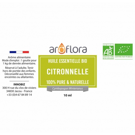 Huile essentielle BIO de Citronnelle 100% pure et naturelle, 10ml
